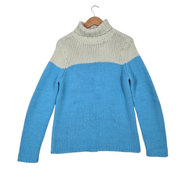 VTG Gap Wool Blend Turtleneck Sweater XL* Turquoise Green Colorblock Chunky Knit - Picture 1 of 10